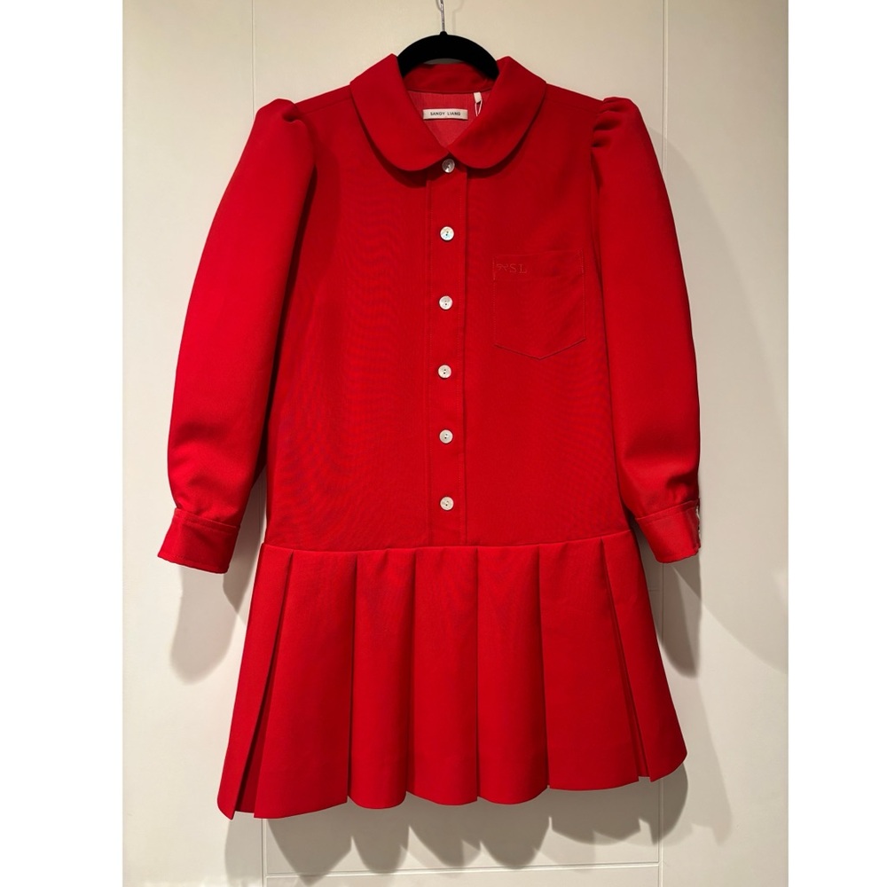 Sandy Liang Red Button-Up dress with pleated skirt